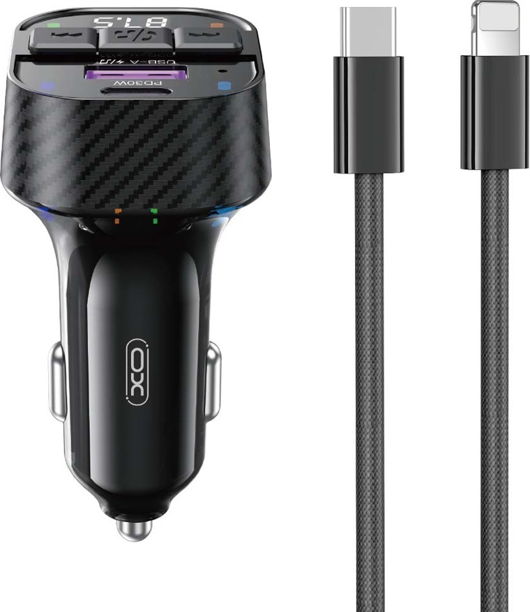 XO vysílač FM BCC17 Bluetooth MP3 nabíječka do auta 30W černá + kabel USB-C - Lightning