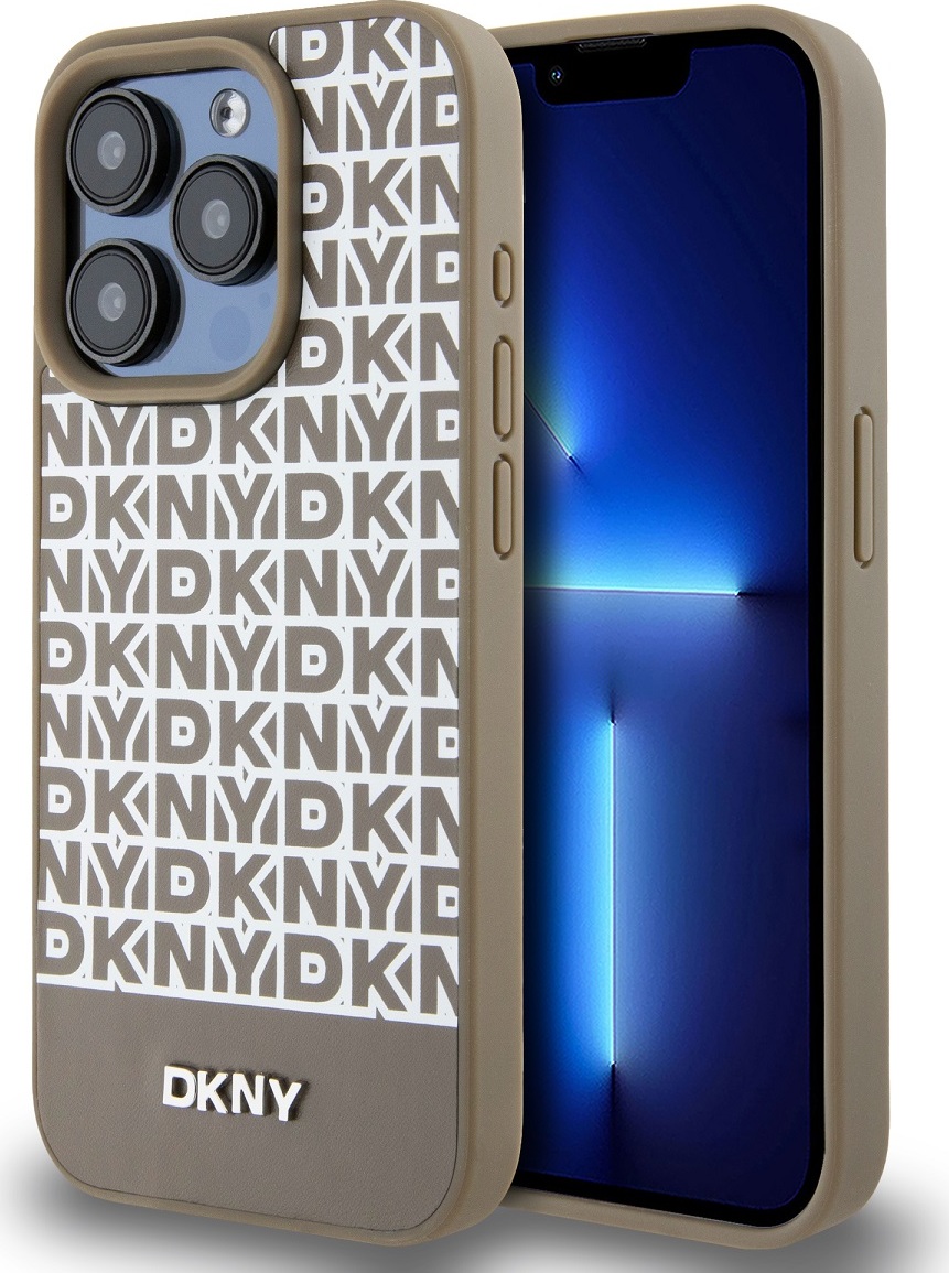 Levně DKNY PU Leather Repeat Pattern Bottom Stripe MagSafe Zadní Kryt pro iPhone 13 Pro Max Brown
