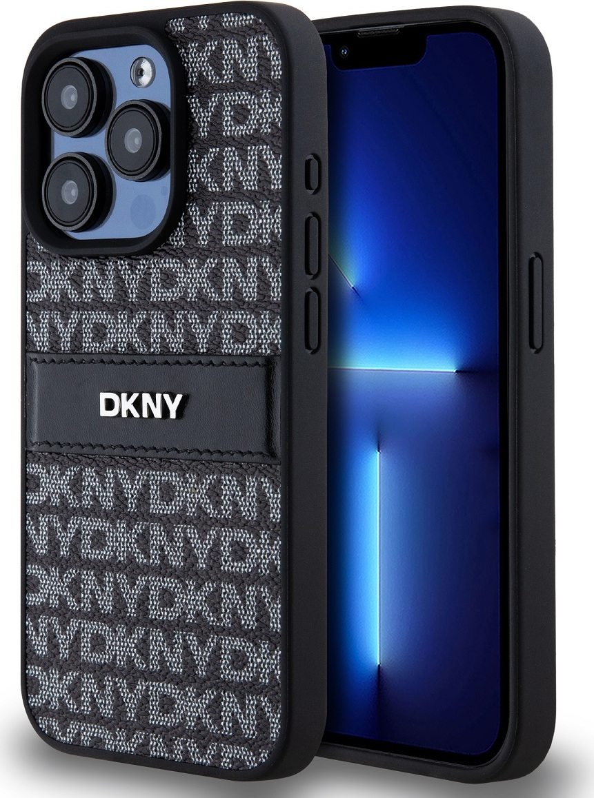 Levně DKNY PU Leather Repeat Pattern Tonal Stripe Zadní Kryt pro iPhone 14 Pro Max Black