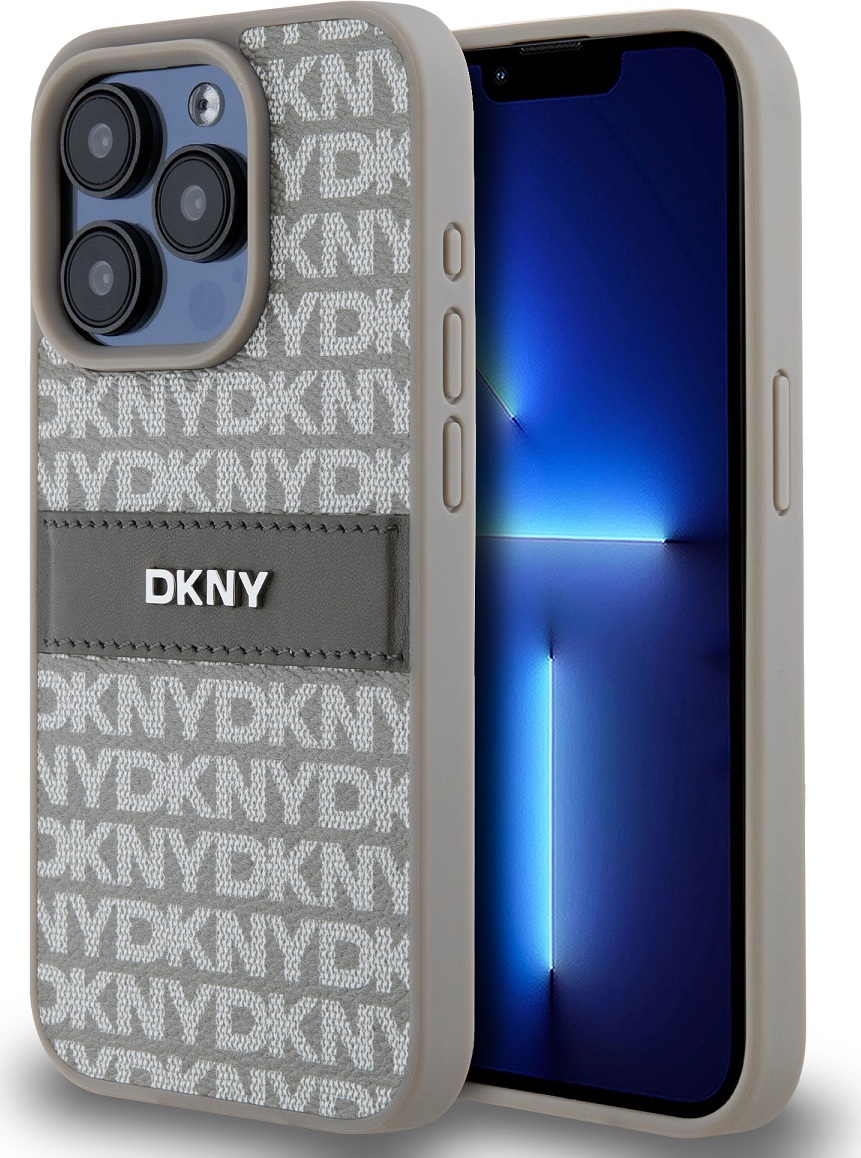 Levně DKNY PU Leather Repeat Pattern Tonal Stripe Zadní Kryt pro iPhone 14 Pro Max Beige