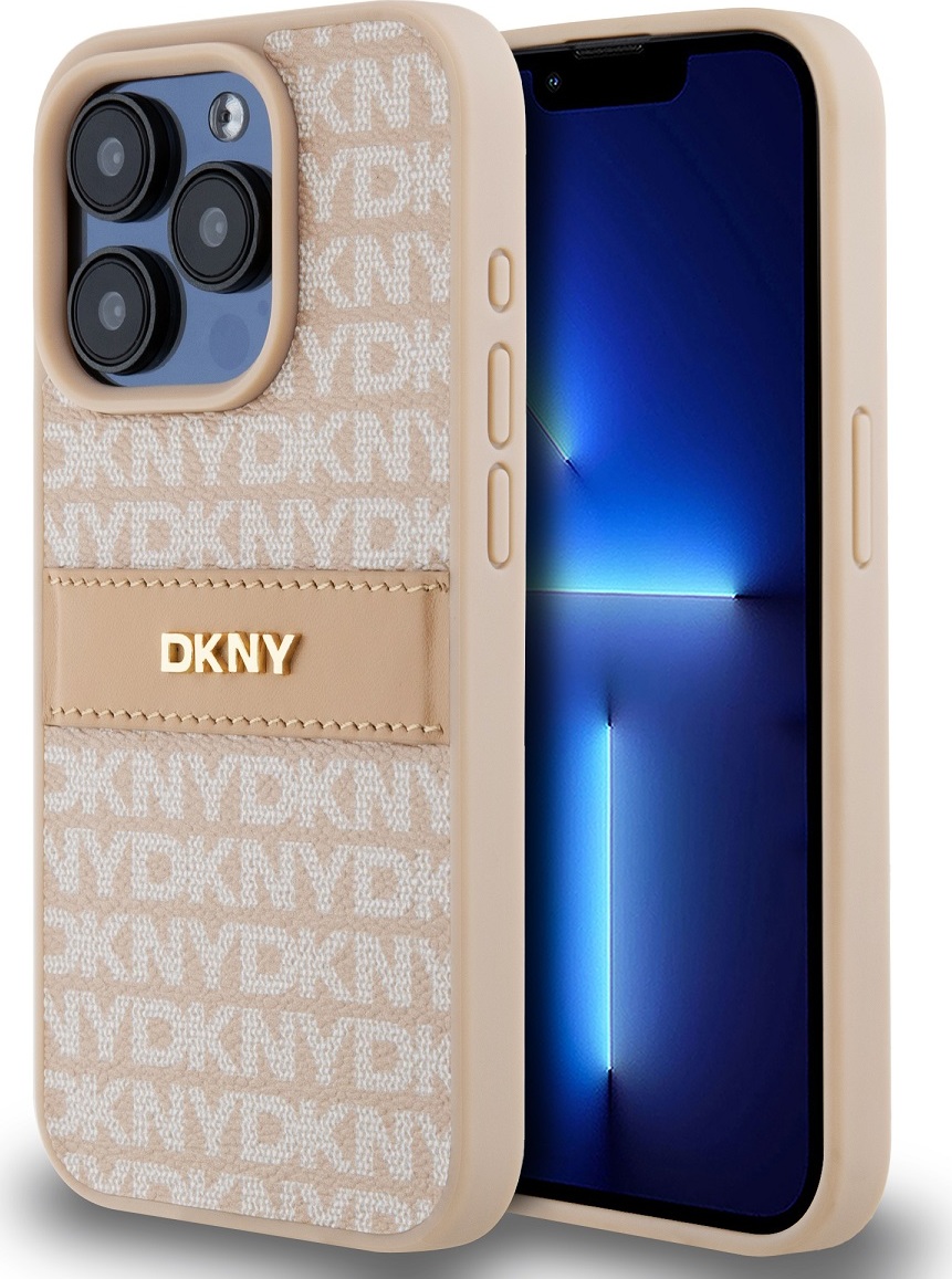 Levně DKNY PU Leather Repeat Pattern Tonal Stripe Zadní Kryt pro iPhone 14 Pro Max Pink
