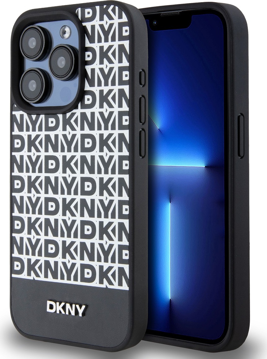 Levně DKNY PU Leather Repeat Pattern Bottom Stripe MagSafe Zadní Kryt pro iPhone 14 Pro Max Black