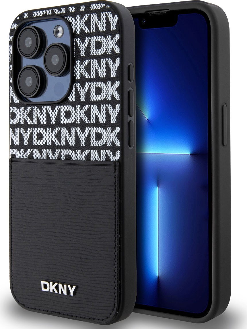 Levně DKNY PU Leather Repeat Pattern Card Pocket Zadní Kryt pro iPhone 14 Pro Max Black