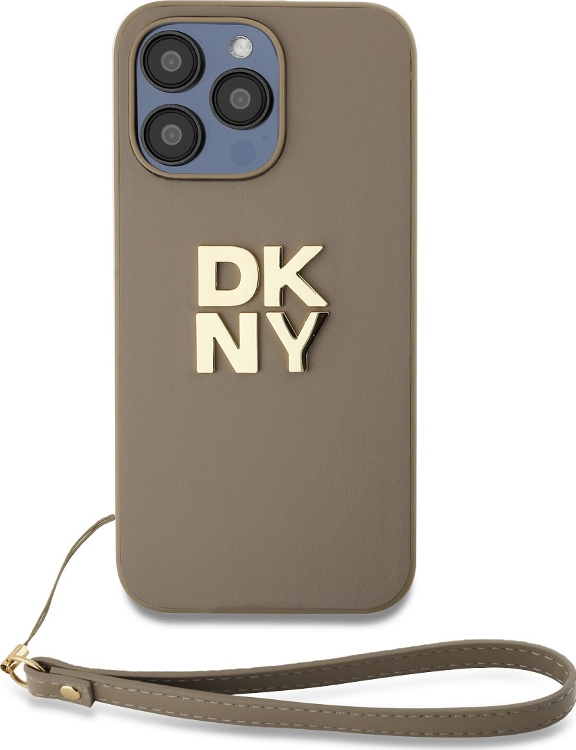 Levně DKNY PU Leather Stack Logo Wrist Strap Zadní Kryt pro iPhone 14 Pro Max Beige