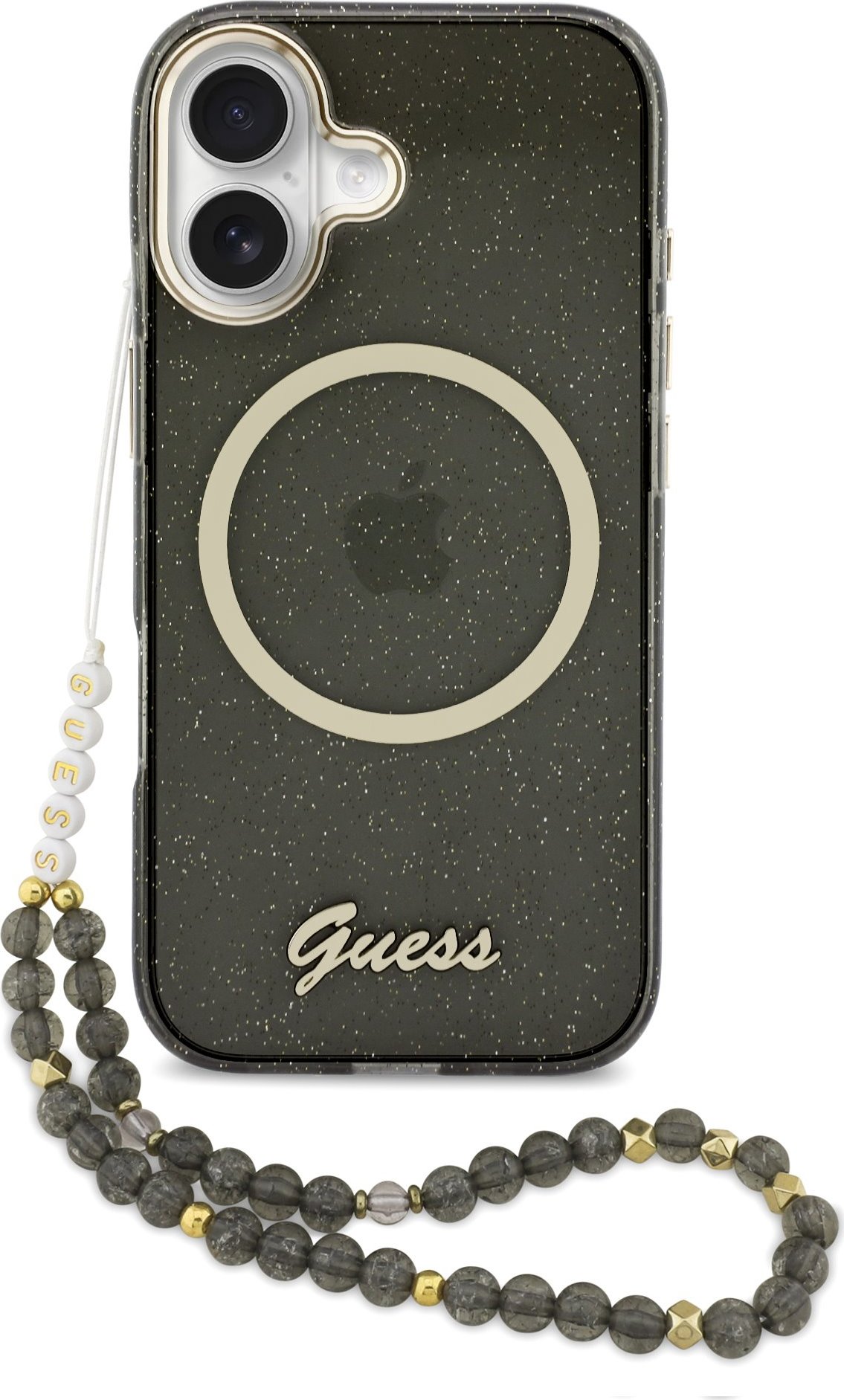 Levně Guess IML Glitter Script Strap MagSafe Zadní Kryt pro iPhone 17 Black