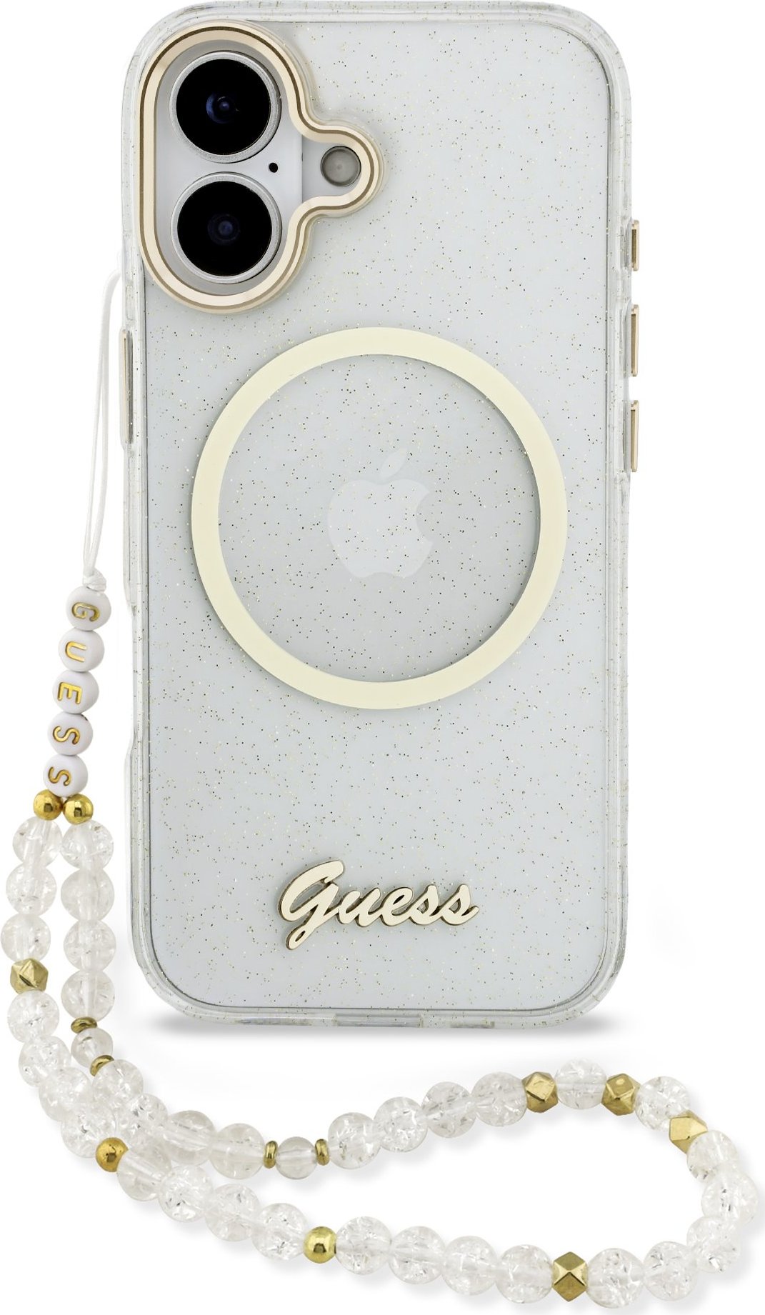 Levně Guess IML Glitter Script Strap MagSafe Zadní Kryt pro iPhone 17 Transparent