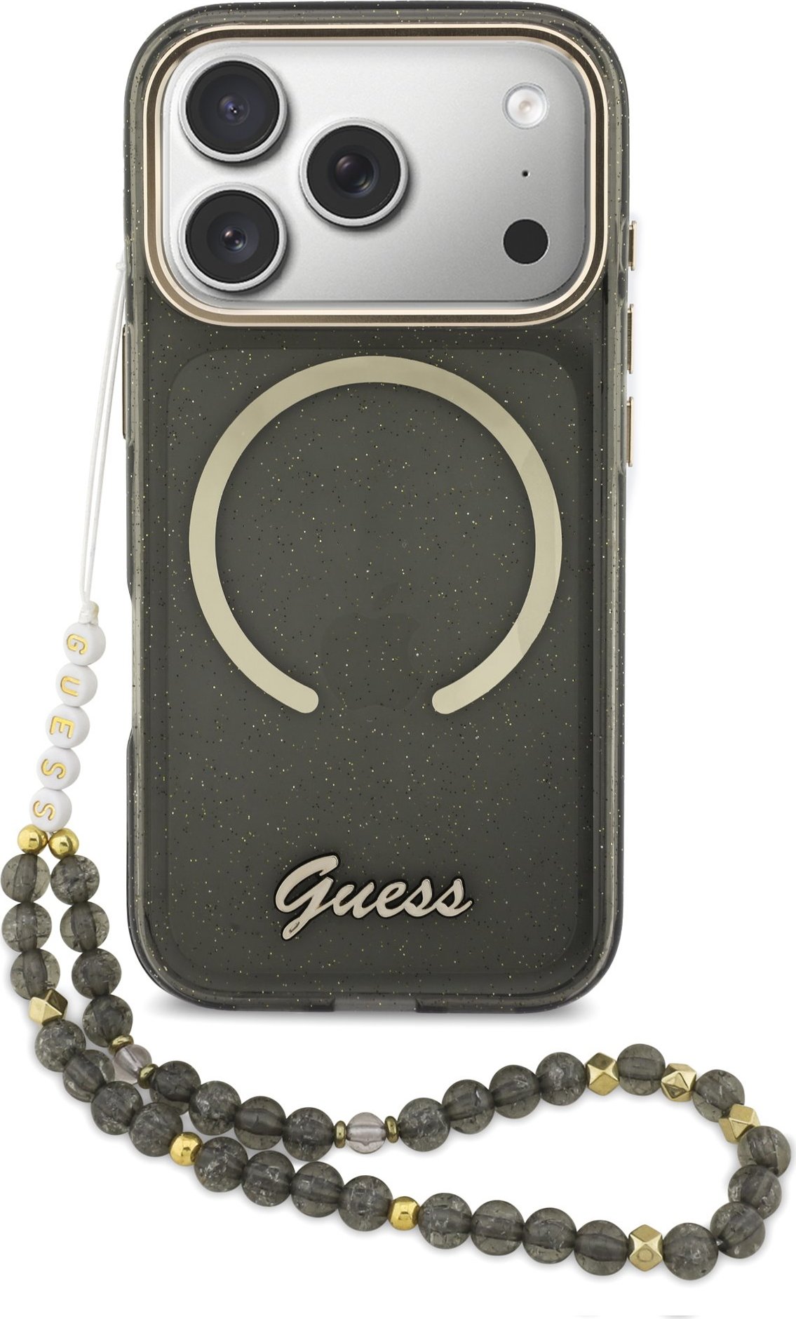 Levně Guess IML Glitter Script Strap MagSafe Zadní Kryt pro iPhone 17 Pro Black