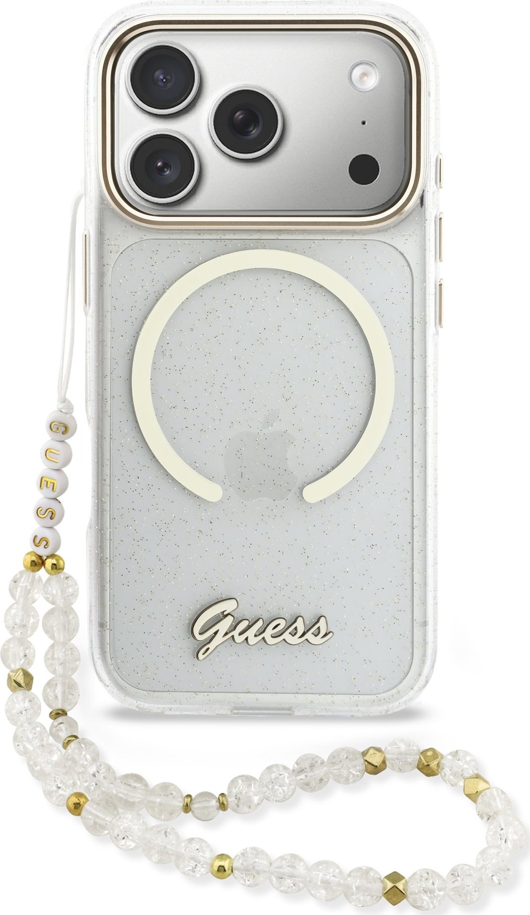 Levně Guess IML Glitter Script Strap MagSafe Zadní Kryt pro iPhone 17 Pro Transparent