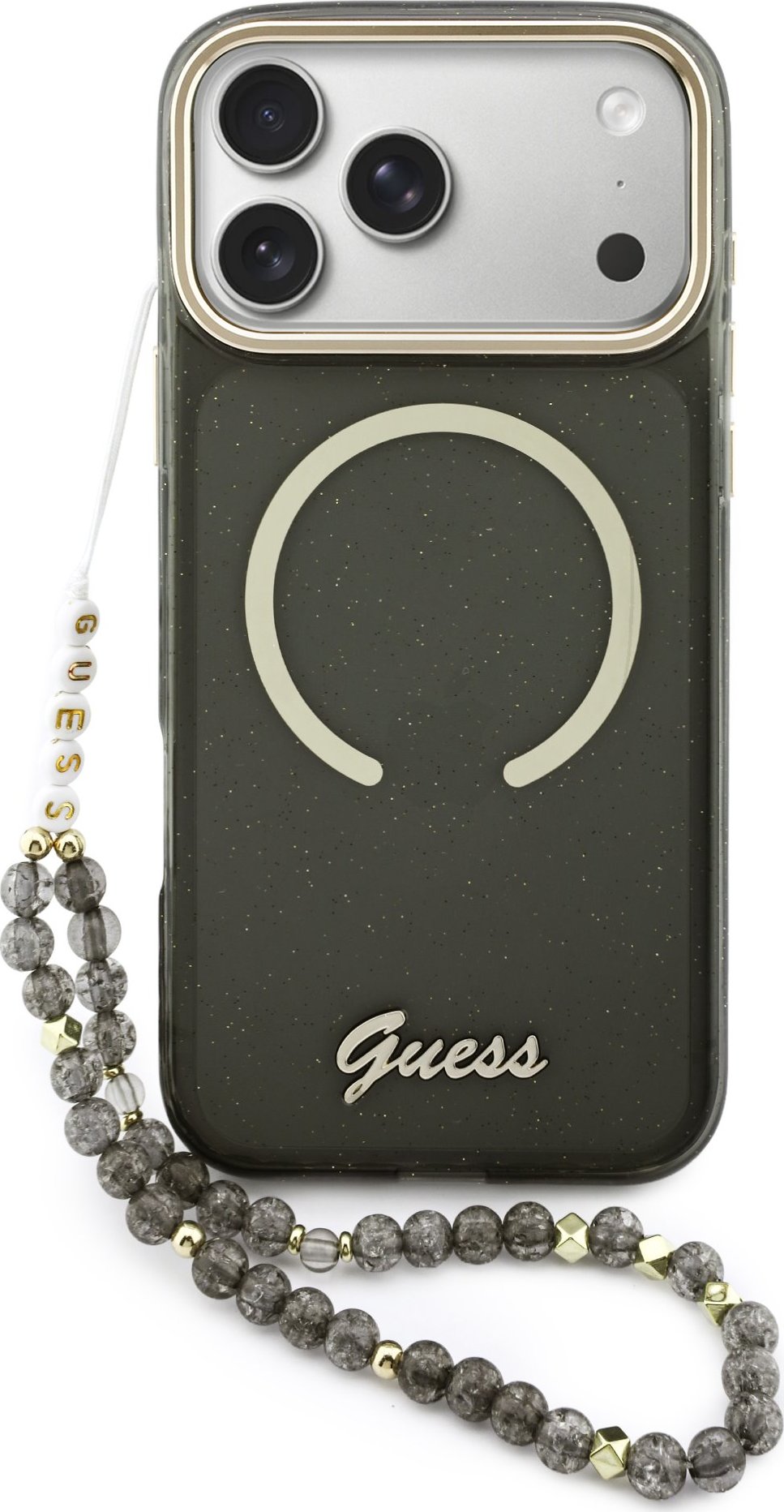 Levně Guess IML Glitter Script Strap MagSafe Zadní Kryt pro iPhone 17 Pro Max Black