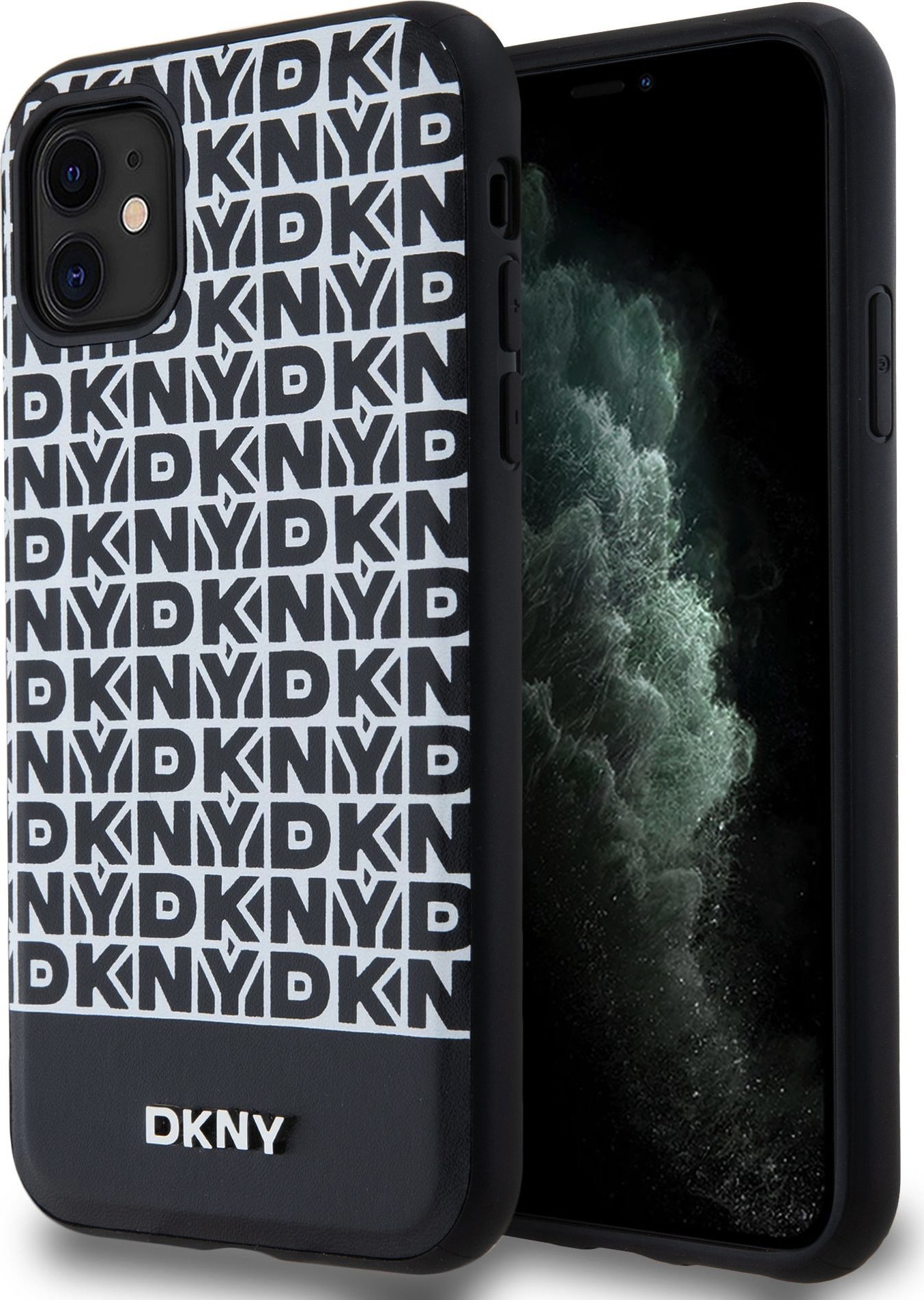 Levně DKNY PU Leather Repeat Pattern Bottom Stripe MagSafe Zadní Kryt pro iPhone 11 Black