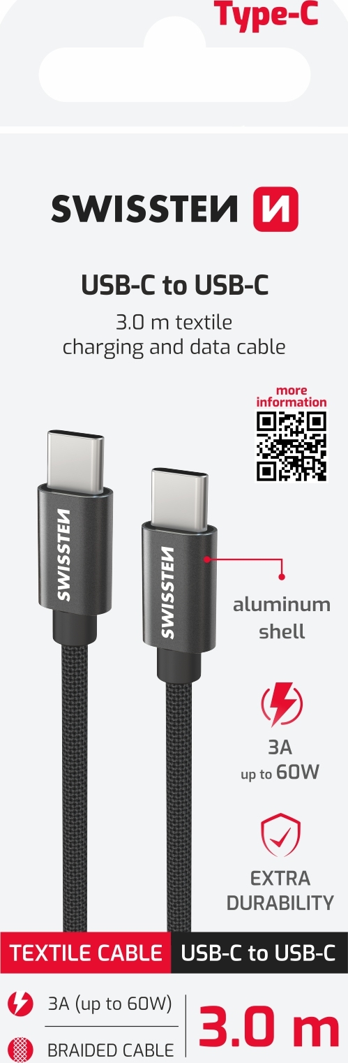 Levně DATOVÝ KABEL SWISSTEN TEXTILE USB-C / USB-C 3.0 M ČERNÝ
