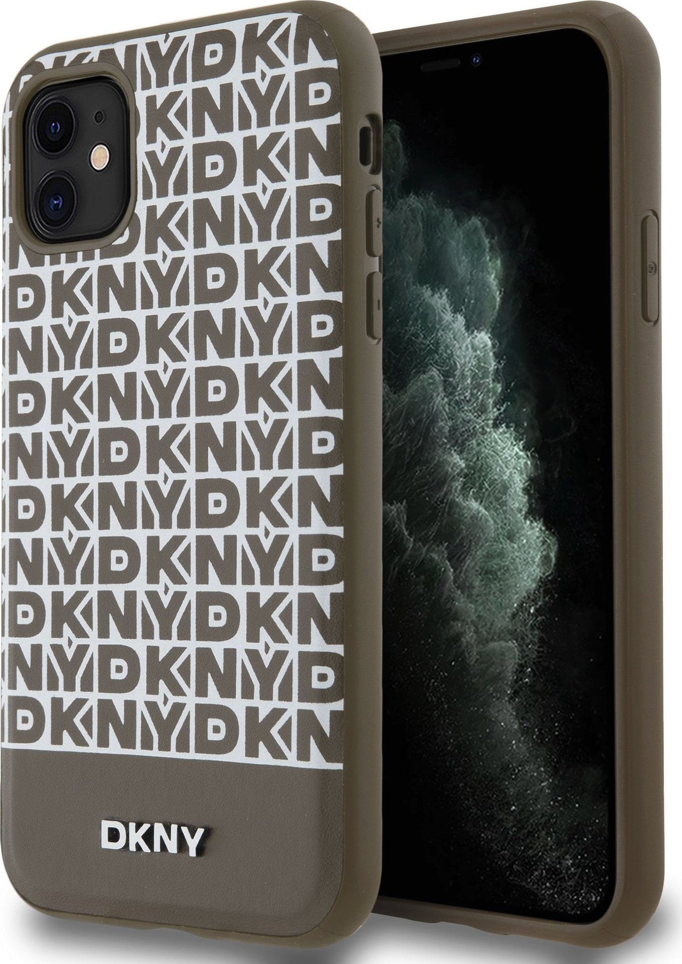 Levně DKNY PU Leather Repeat Pattern Bottom Stripe MagSafe Zadní Kryt pro iPhone 11 Brown