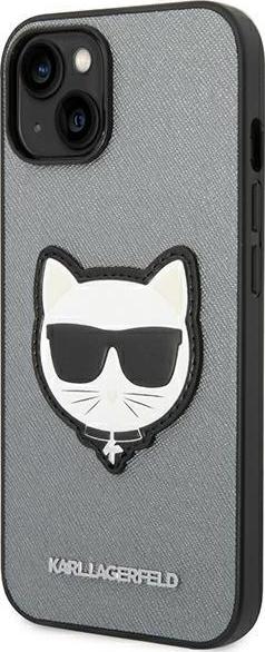Levně Pouzdro Karl Lagerfeld pro iPhone 14 Plus 6,7" KLHCP14MSAPCHG stříbrné PU saffiano s nášivkou Choupette