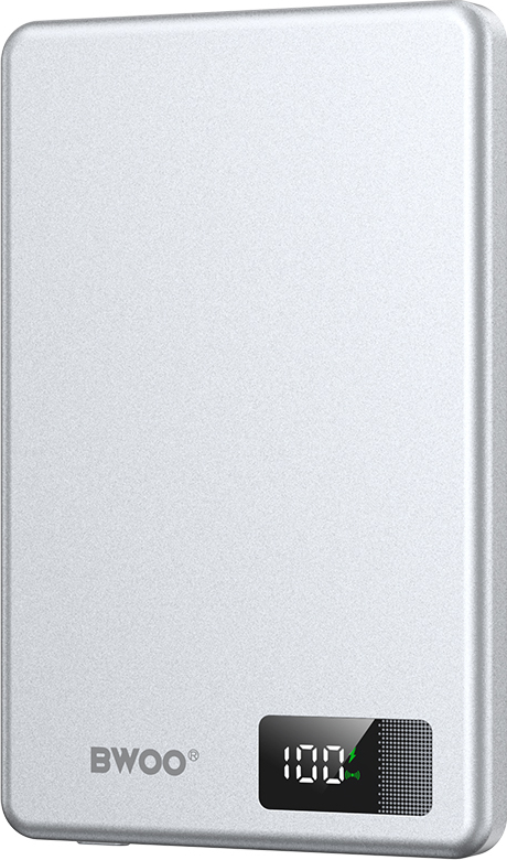 BWOO P75 hliníková MagSafe magnetická powerbanka 5000 mAh PD 20W s digitálním displejem slim (extra tenká), stříbrná
