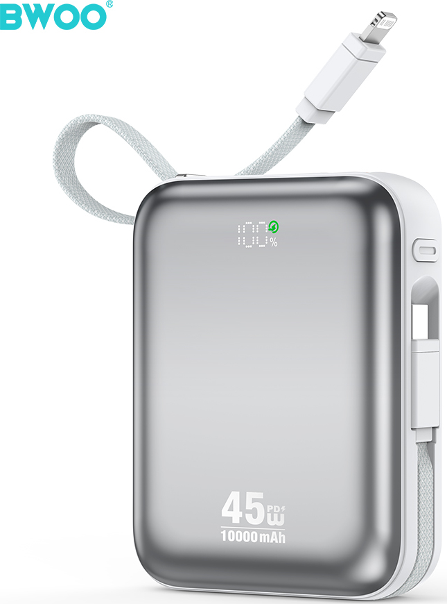 Levně BWOO power banka P77 45W, 10000 mAh s integrovaným kabelem USB-C a Lightning, šedá