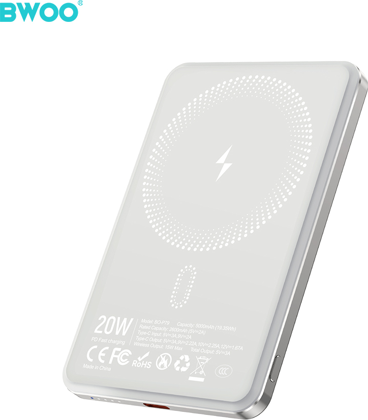 Levně BWOO Ultra Slim Power Bank 20W 5000mAh s MagSafe magnetickým nabíjením P79 light grey