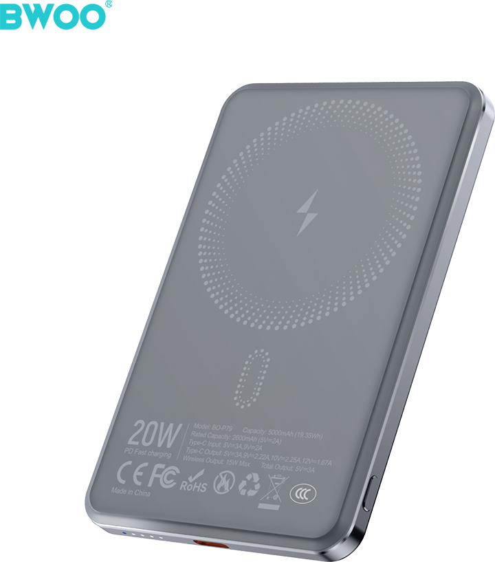 Levně BWOO Ultra Slim Power Bank P79 5000mAh 20W s Magsafe magnetickým nabíjením šedá