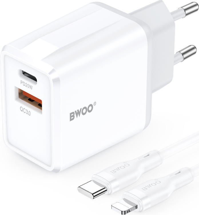 Levně Nabíječka BWOO CDA182 QC 38W 1x USB-A + 1x USB-C s kabelem USB-C C-Lightning 1 m černá