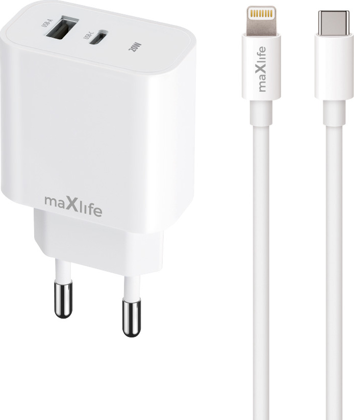 Levně Nabíječka Maxlife MXTC-06-20AC PD QC 1x USB-C 1x USB 20W bílá + kabel USB-C - Lightning 20W