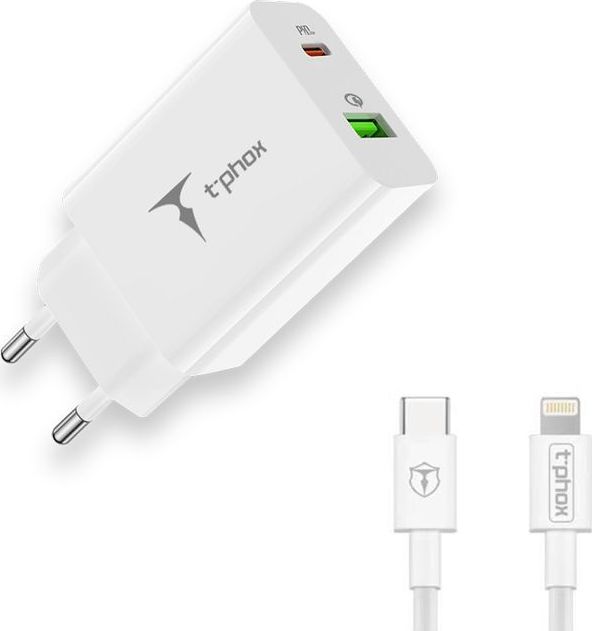 Levně Nabíječka do zásuvky T-PHOX SPEEDY USB-C 20W/USB 18W PD QC + kabel Lightning 1m bílá