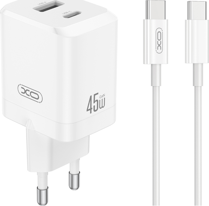Levně Nabíječka XO CE36 PD 45W 1x USB-C 1x USB bílá + kabel USB-C - USB-C