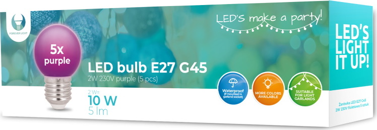Levně LED žárovka Forever Light E27 G45 2W 230V fialová 5 ks
