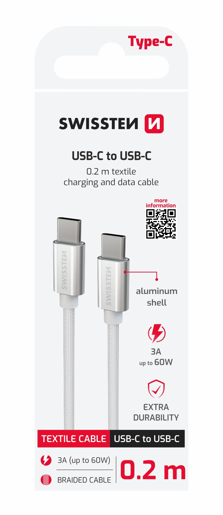 Levně DATOVÝ KABEL SWISSTEN TEXTILE USB-C / USB-C 0.2 M STŘÍBRNÝ