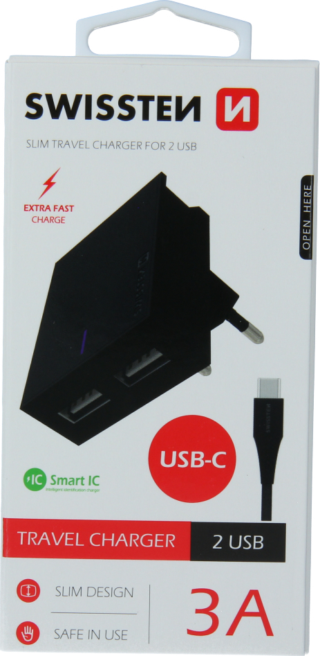 Levně SWISSTEN SÍŤOVÝ ADAPTÉR SMART IC 2x USB 3A POWER + DATOVÝ KABEL USB / TYPE C 1,2 M ČERNÝ