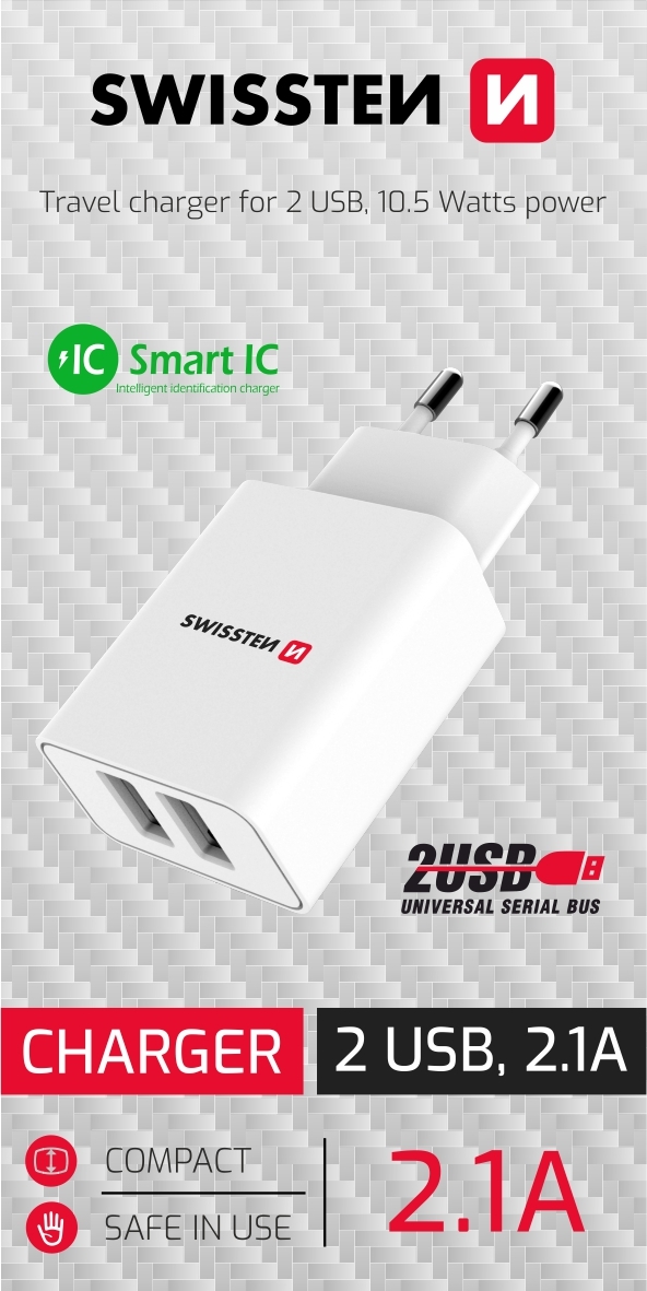 Levně SWISSTEN SÍŤOVÝ ADAPTÉR SMART IC 2x USB 2,1A POWER BÍLÝ (SAMOPRODAVAČ)