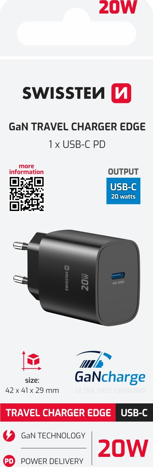 Levně SWISSTEN SÍŤOVÝ ADAPTÉR EDGE GaN 1x USB-C PD 20W ČERNÝ