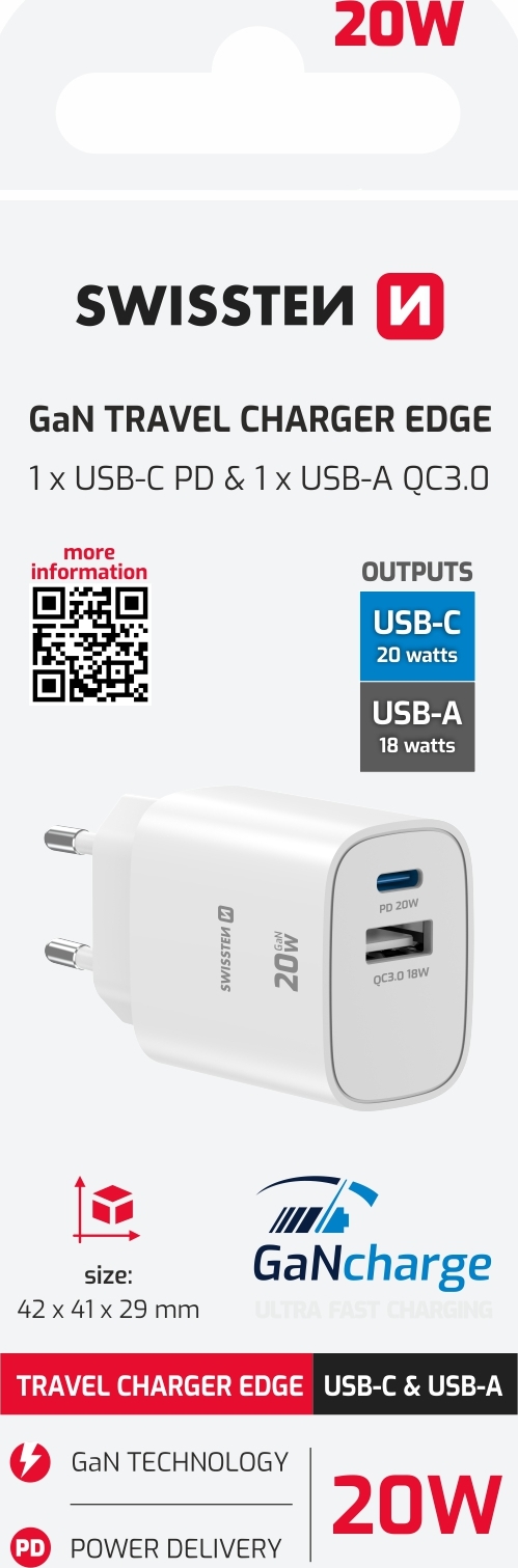 Levně SWISSTEN SÍŤOVÝ ADAPTÉR EDGE GaN 1x USB-C PD 20W + 1x USB-A 18W QC BÍLÝ