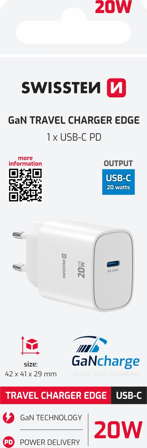 Levně SWISSTEN SÍŤOVÝ ADAPTÉR EDGE GaN 1x USB-C PD 20W BÍLÝ