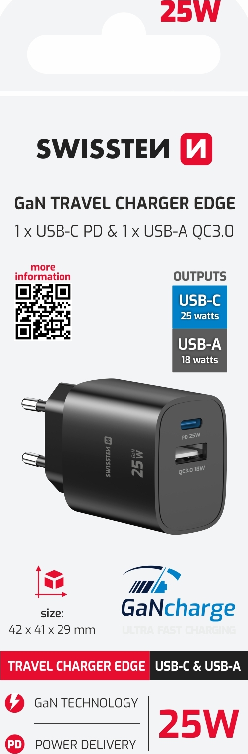 Levně SWISSTEN SÍŤOVÝ ADAPTÉR EDGE GaN 1x USB-C PD 25W + 1x USB-A 18W QC ČERNÝ