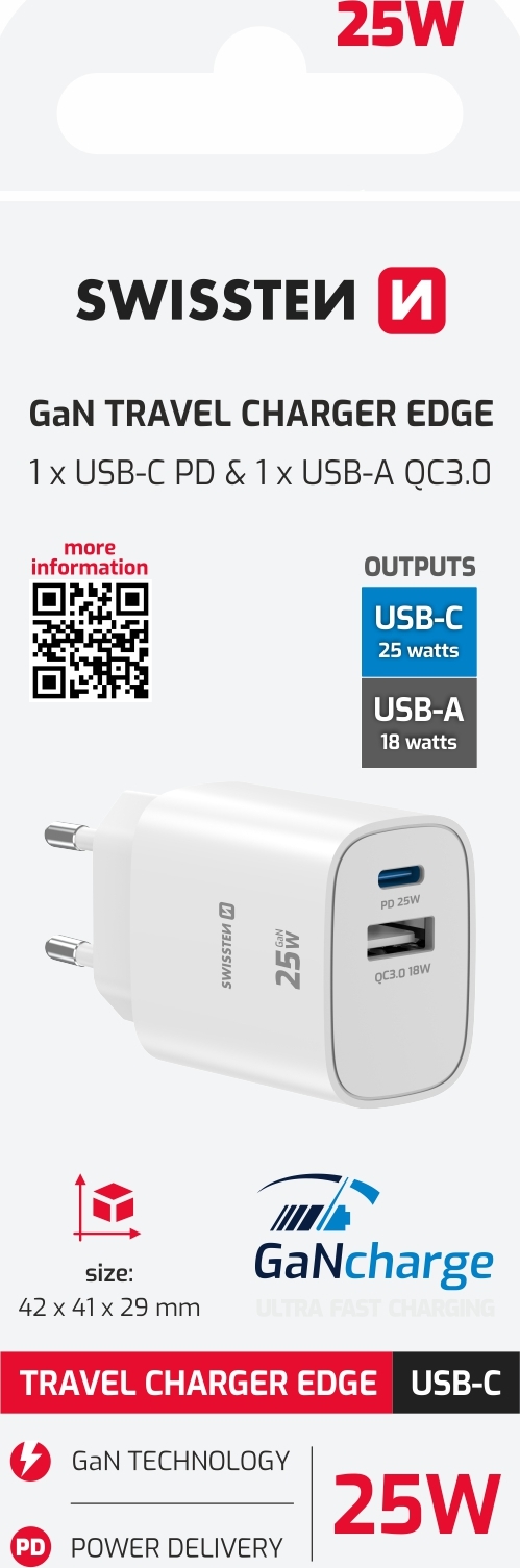 Levně SWISSTEN SÍŤOVÝ ADAPTÉR EDGE GaN 1x USB-C PD 25W + 1x USB-A 18W QC BÍLÝ