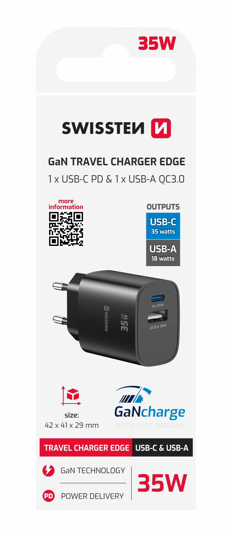 Levně SWISSTEN SÍŤOVÝ ADAPTÉR EDGE GaN 1x USB-C PD 35W + 1x USB-A 18W QC ČERNÝ