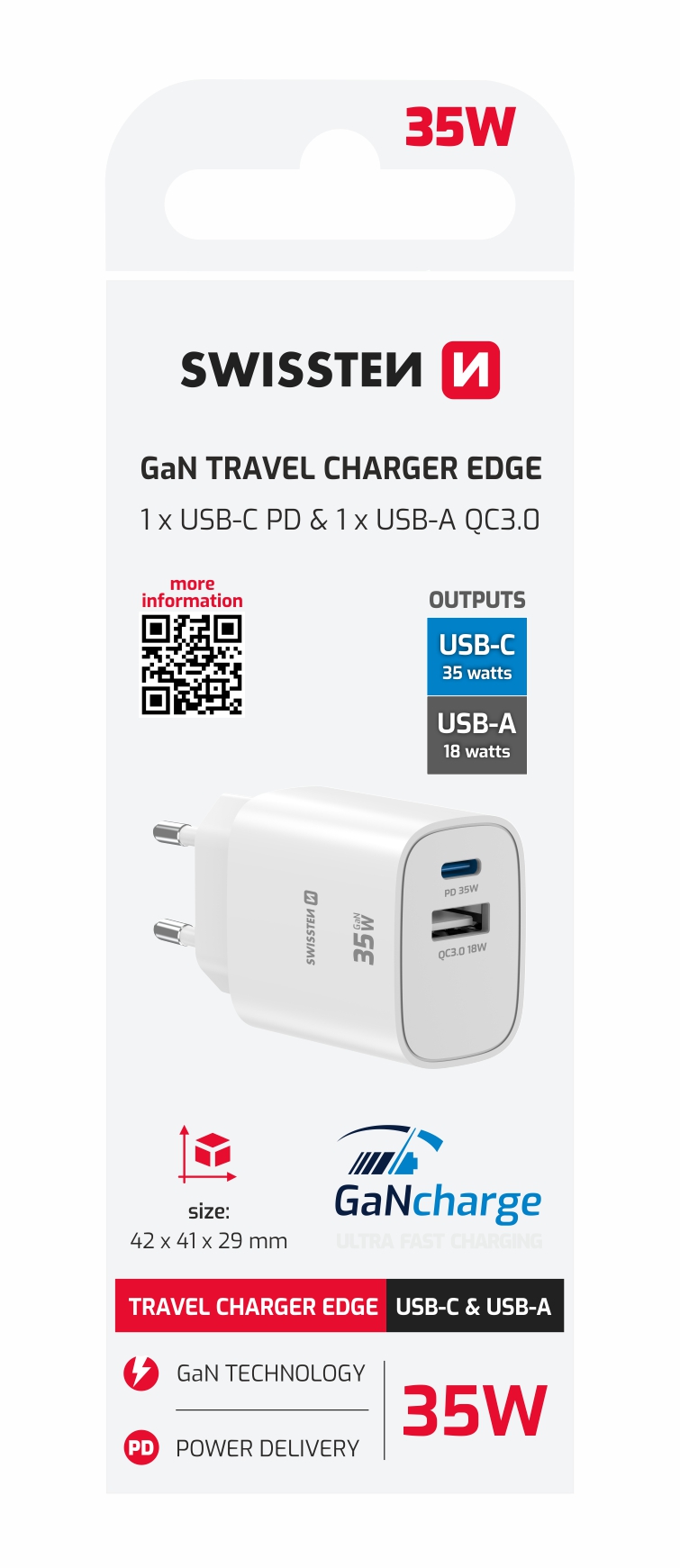 Levně SWISSTEN SÍŤOVÝ ADAPTÉR EDGE GaN 1x USB-C PD 35W + 1x USB-A 18W QC BÍLÝ