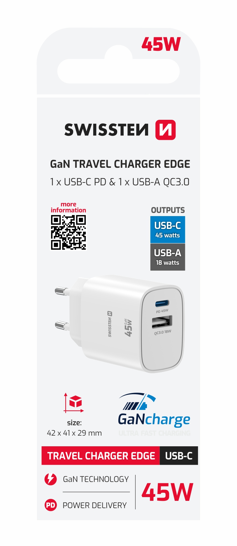 Levně SWISSTEN SÍŤOVÝ ADAPTÉR EDGE GaN 1x USB-C PD 45W + 1x USB-A 18W QC BÍLÝ