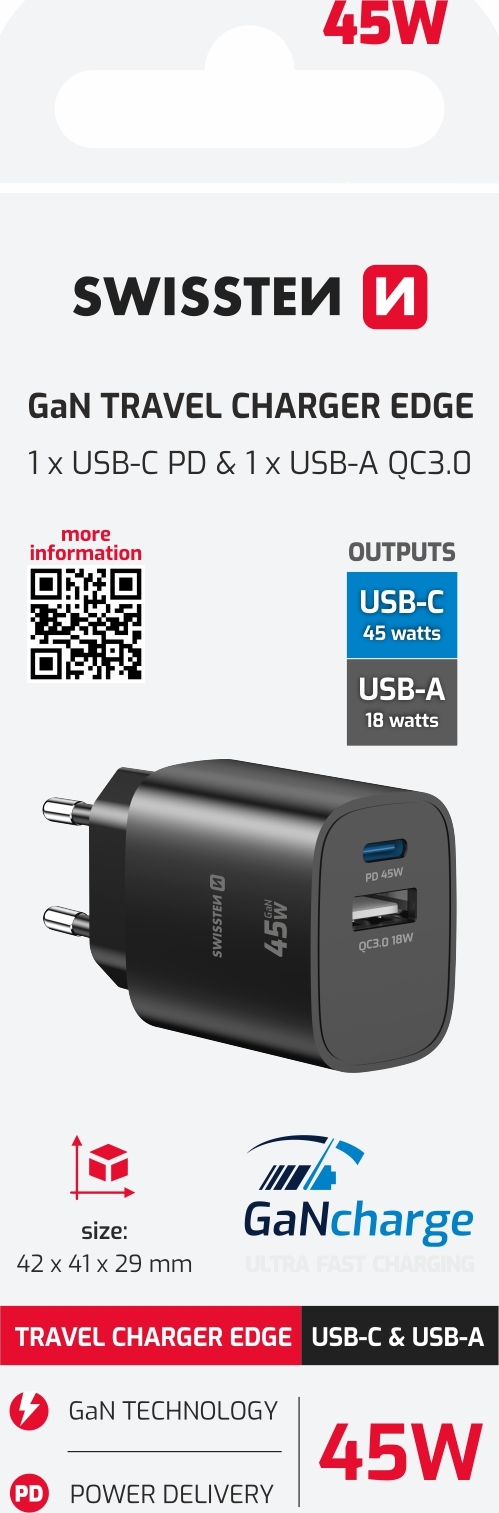 Levně SWISSTEN SÍŤOVÝ ADAPTÉR EDGE GaN 1x USB-C PD 45W + 1x USB-A 18W QC ČERNÝ