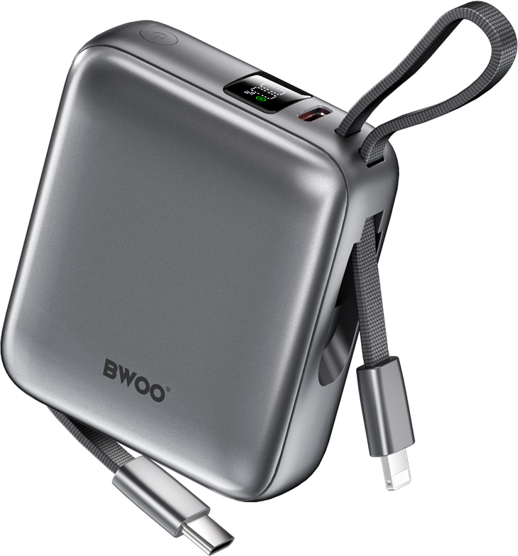 Powerbanka BWOO P74 22,5 W 10 000 mAh se 2 vestavěnými kabely 1 x USB-C 1 x Lightning černá