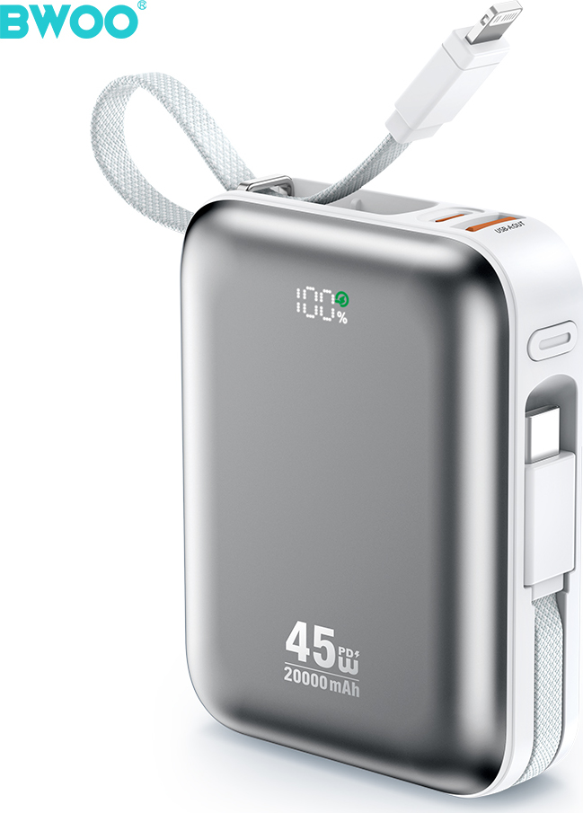 BWOO 20000mAh rychlonabíjecí powerbanka PD45W se 2 kabely typu C a Lightning P78 stříbrná
