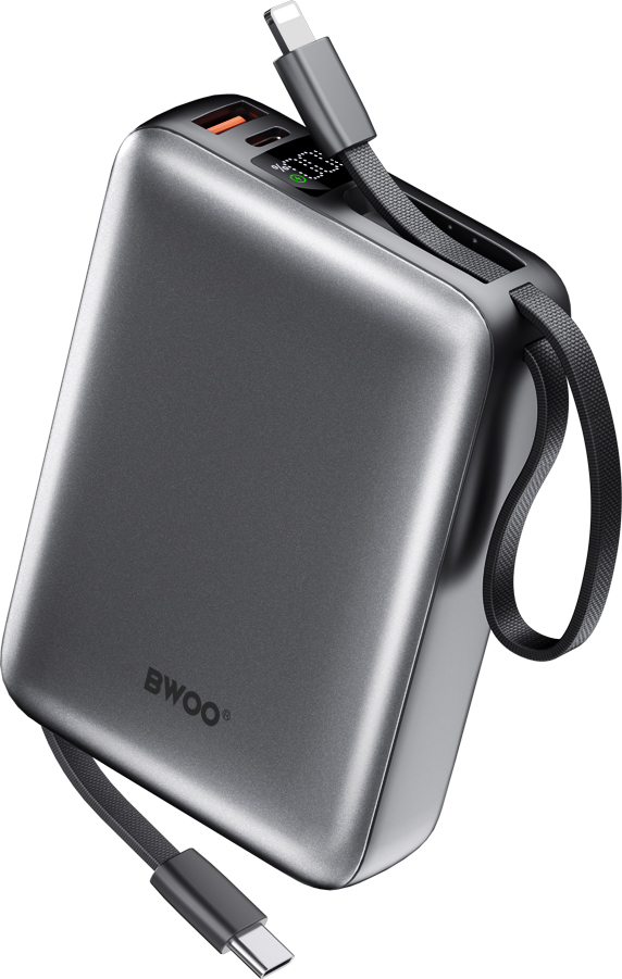 Powerbanka BWOO P73 22,5 W 20 000 mAh se 2 vestavěnými kabely 1 x USB-C 1 x Lightning černá