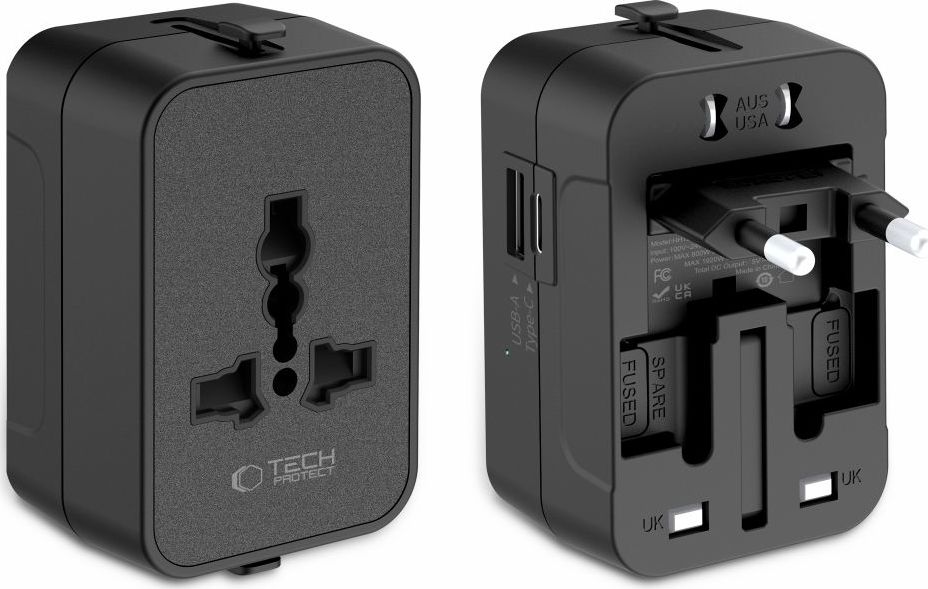 Tech-Protect TA300 cestovní adaptér do zásuvky EU/UK/US/AU, USB-C + USB-A, černý