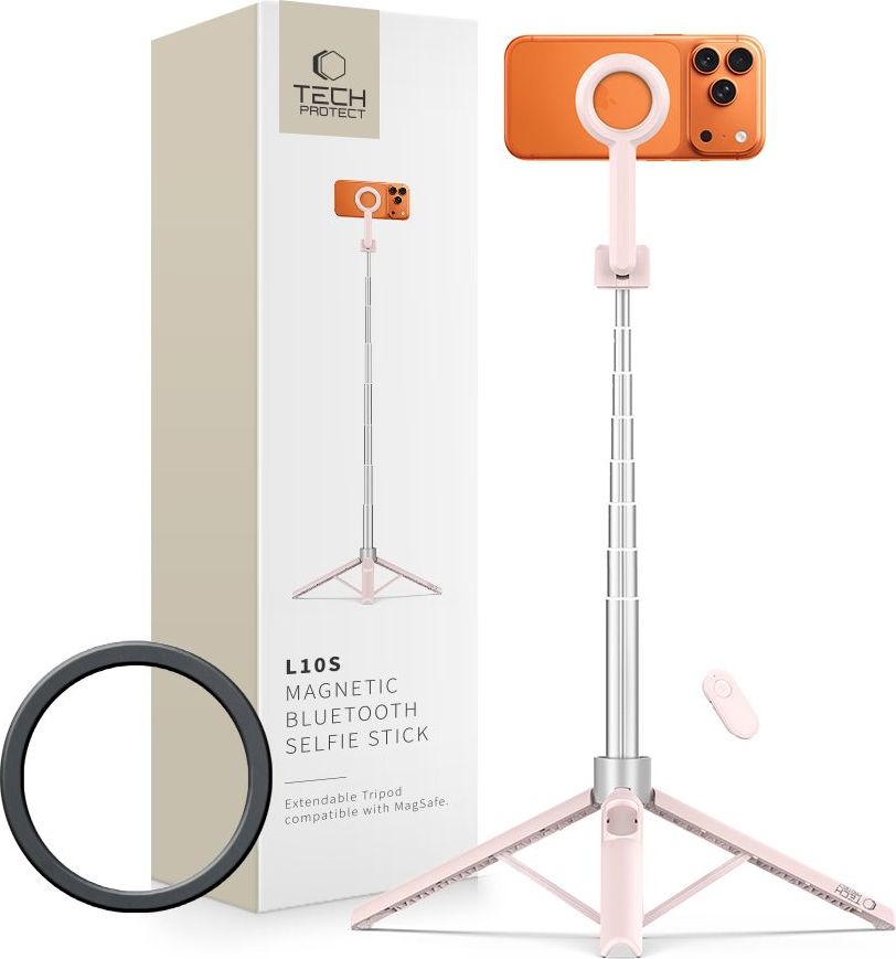 TECH-PROTECT L10S MagSafe Bluetooth selfie tyč / tripod, pink/grey