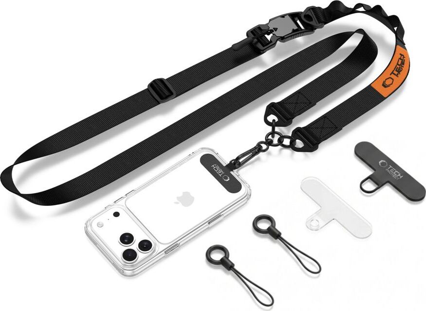 Tech-Protect C9S Rope Crossbody popruh přes rameno na telefon, klíče, AirPods a další – černo-oranžový