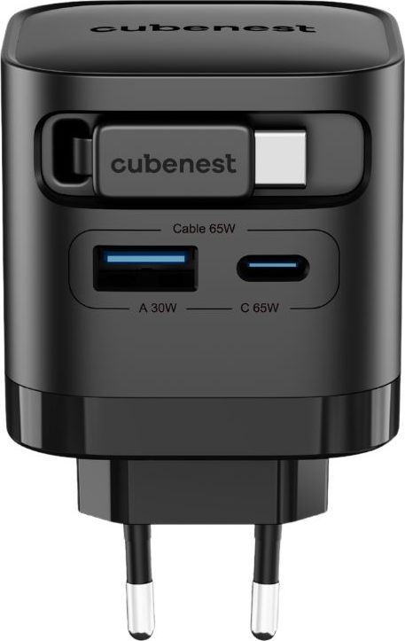 CubeNest S3D2 65W GaN síťová nabíječka s výsuvným USB-C kabelem a porty USB-C + USB-A