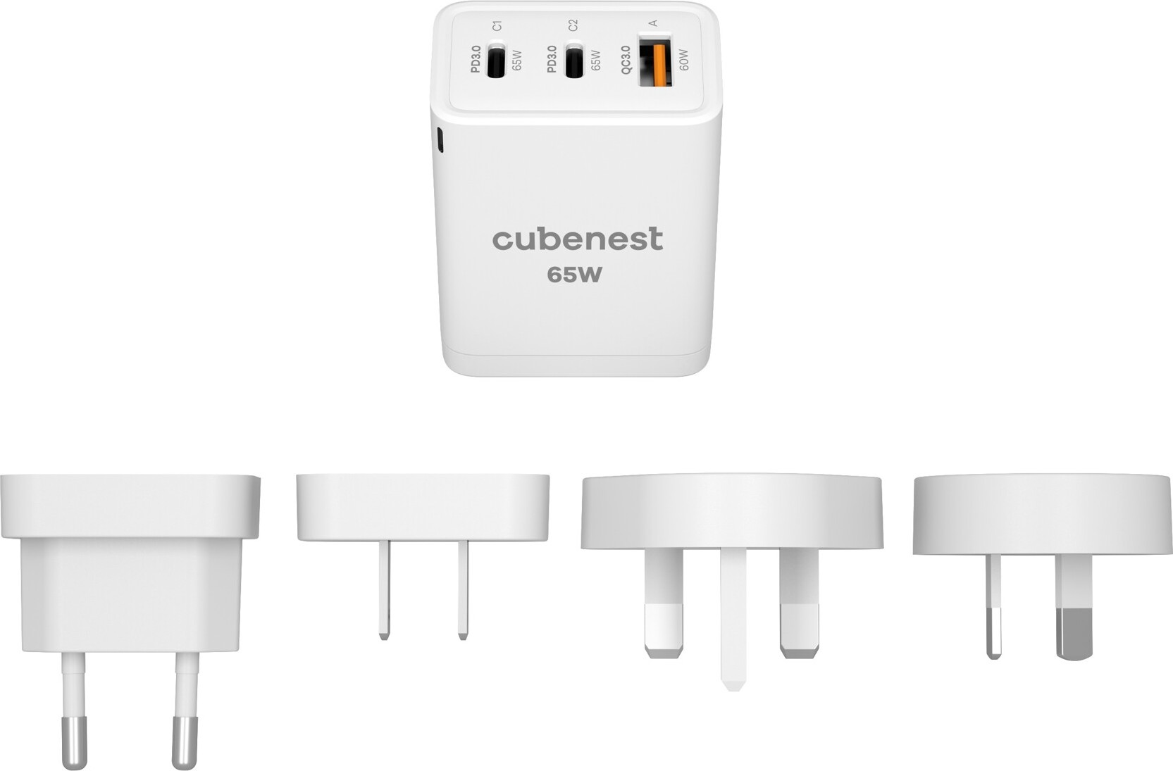 CubeNest S3D1 65W cestovní PD GaN nabíječka (2× USB-C + USB-A, světové adaptéry)