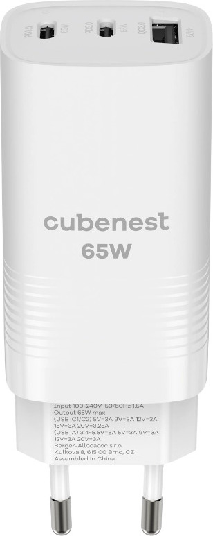 CubeNest S3D0 65W GaN síťová nabíječka (2× USB-C + USB-A), bílá