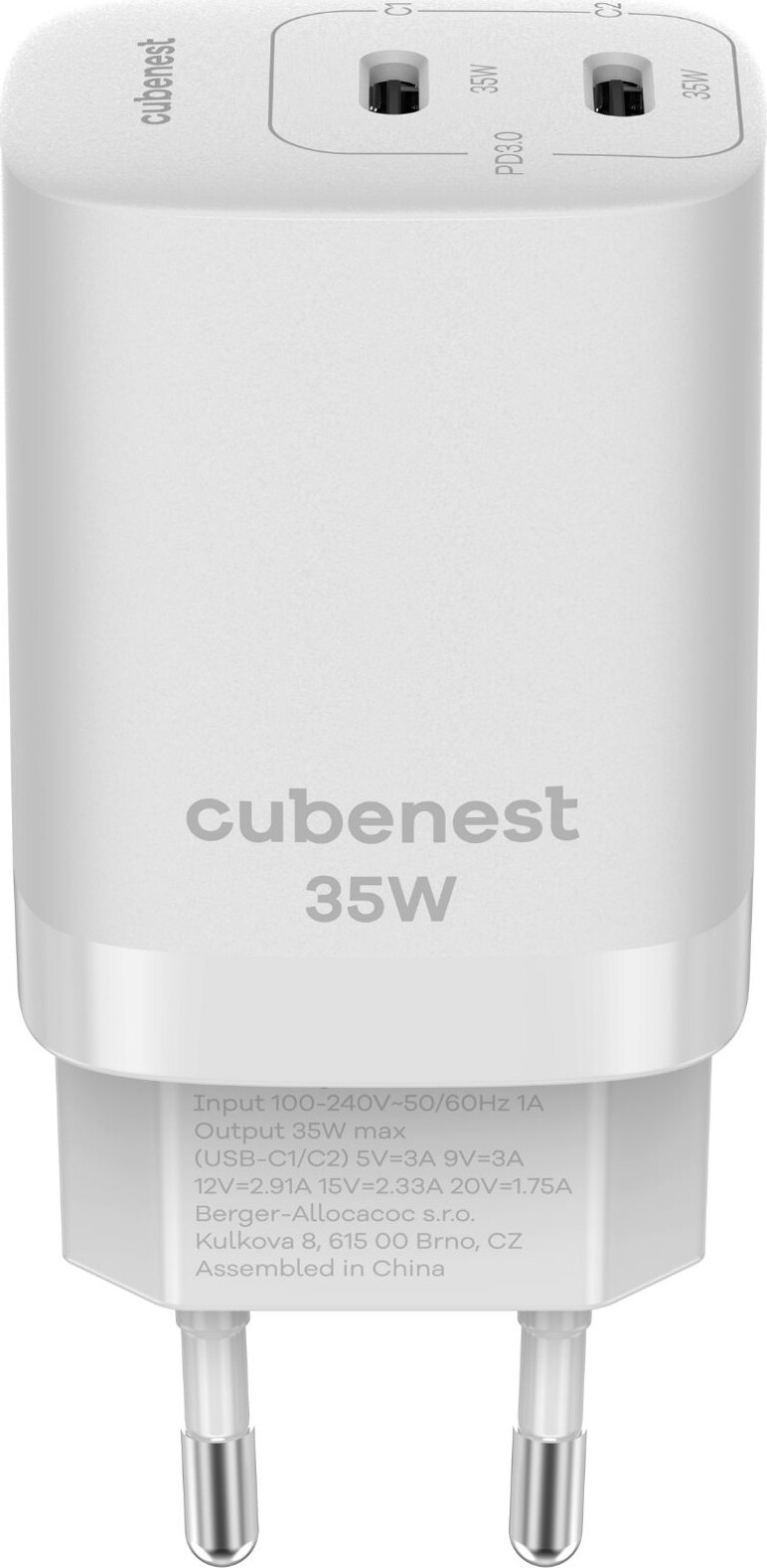 CubeNest S2D1 35W PD GaN USB-C nabíječka 2× USB-C, bílá