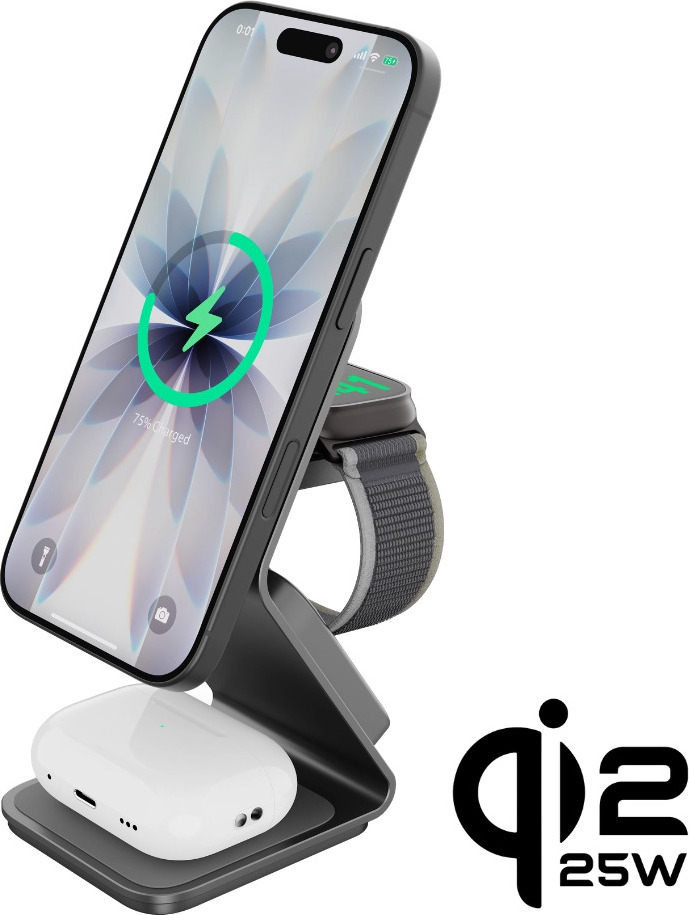 CubeNest SQ314 3v1 Qi2.2 magnetická nabíjecí stanice pro iPhone, Apple Watch a AirPods, šedá