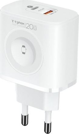 T-Phox T-PP20 20W GaN síťová nabíječka 3v1 pro Apple Watch s USB-C PD a USB-A, bílá